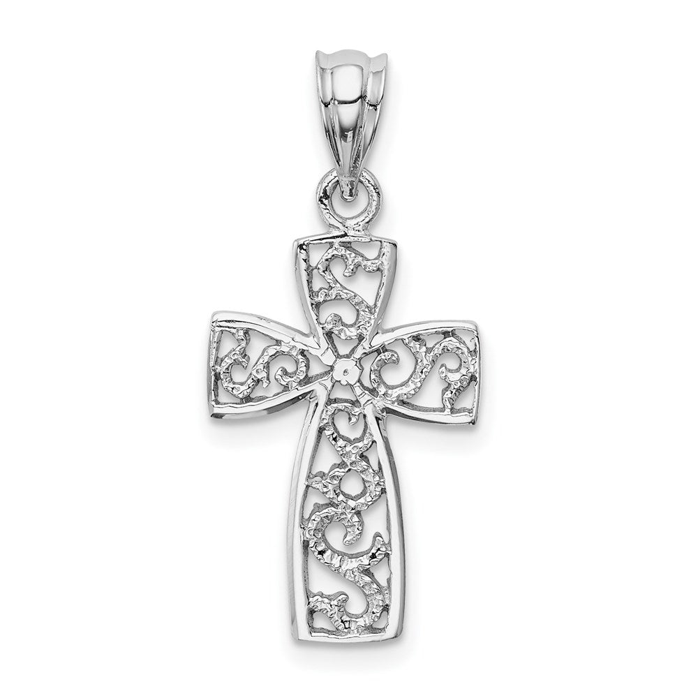 14k White Gold Filigree Cross Pendant, 28 x 13 mm