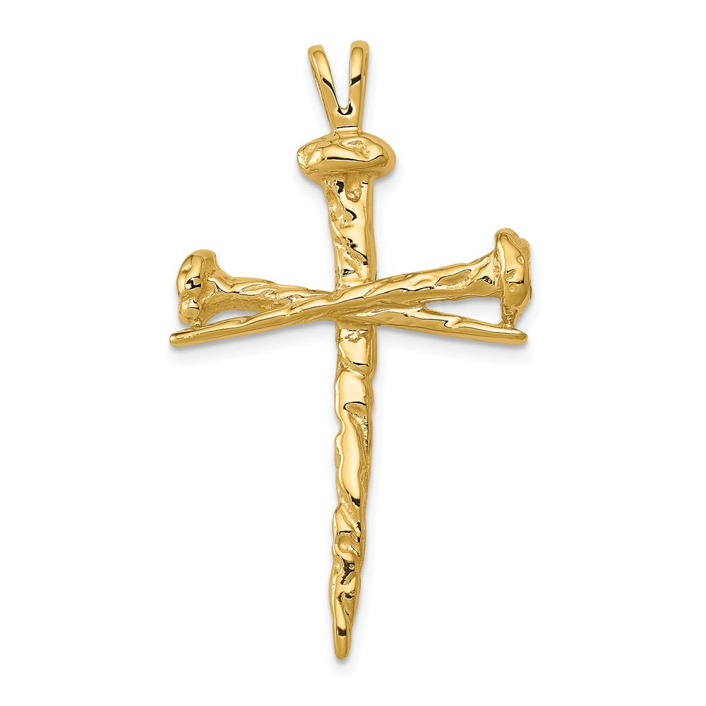 14K Polished and Textured Nail Cross Charm, 42 x 25 mm