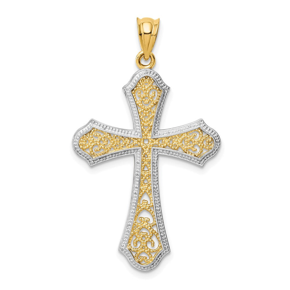 14k and White Rhodium Filigree Cross Pendant, 42 x 23 mm