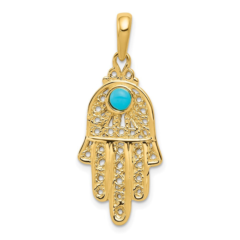 14k Turquoise Filigree Chamseh Pendant, 35 x 15 mm