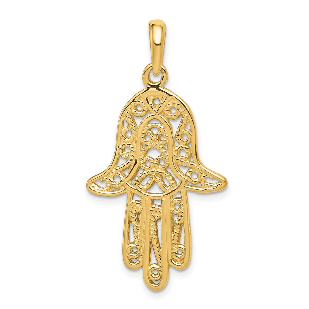 14k Filigree Chamseh Pendant, 40 x 21 mm