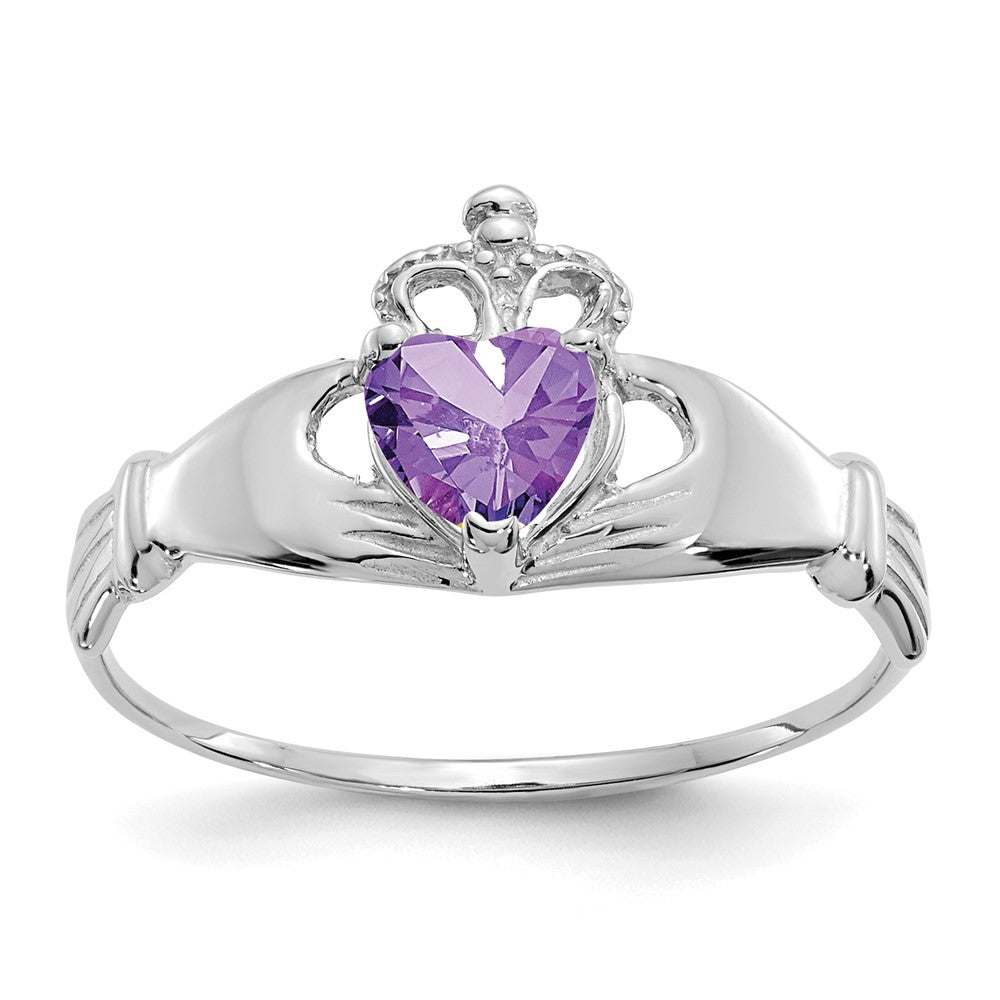 14k White Gold CZ February Birthstone Claddagh Heart Ring, Size 7