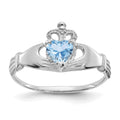 14k White Gold CZ March Birthstone Claddagh Heart Ring, Size 6
