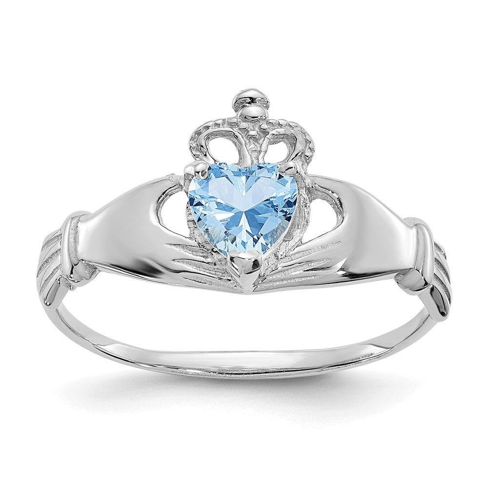 14k White Gold CZ March Birthstone Claddagh Heart Ring, Size 6