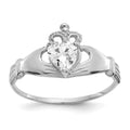 14k White Gold CZ April Birthstone Claddagh Heart Ring, Size 7