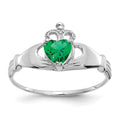 14k White Gold CZ May Birthstone Claddagh Heart Ring, Size 7.5