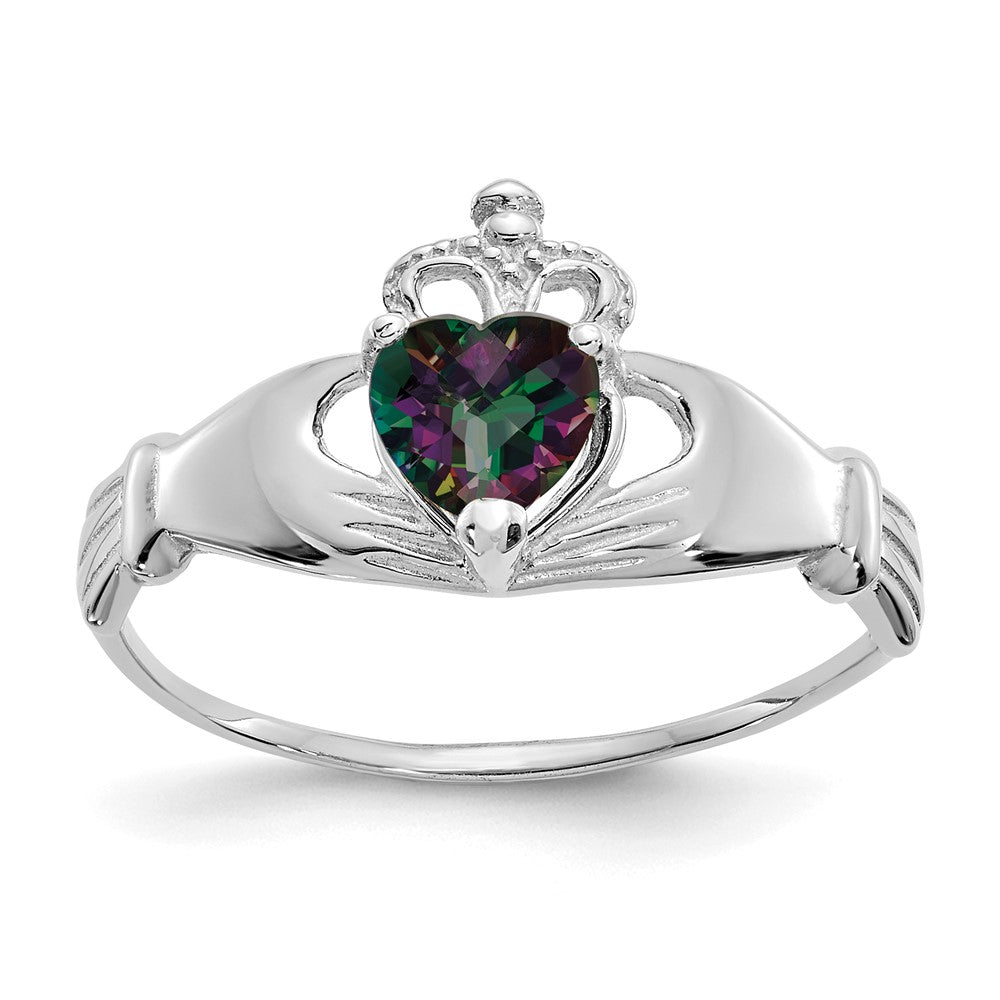 14k White Gold CZ June Birthstone Claddagh Heart Ring, Size 7