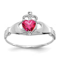 14k White Gold CZ July Birthstone Claddagh Heart Ring, Size 7