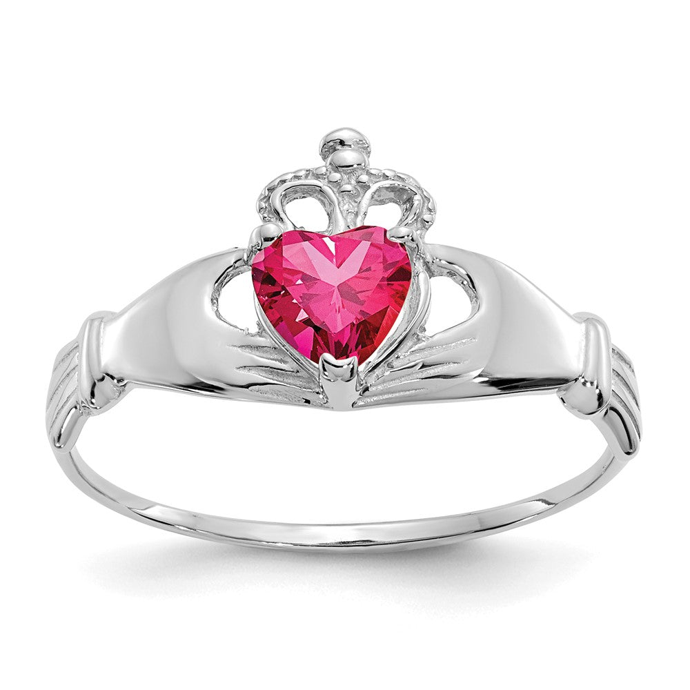 14k White Gold CZ July Birthstone Claddagh Heart Ring, Size 7