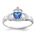14k White Gold CZ September Birthstone Claddagh Heart Ring, Size 7