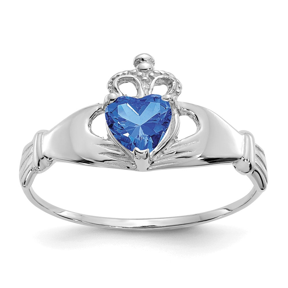 14k White Gold CZ September Birthstone Claddagh Heart Ring, Size 7