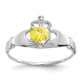 14k White Gold CZ November Birthstone Claddagh Heart Ring, Size 7