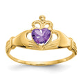 14k CZ February Birthstone Claddagh Heart Ring, Size 7