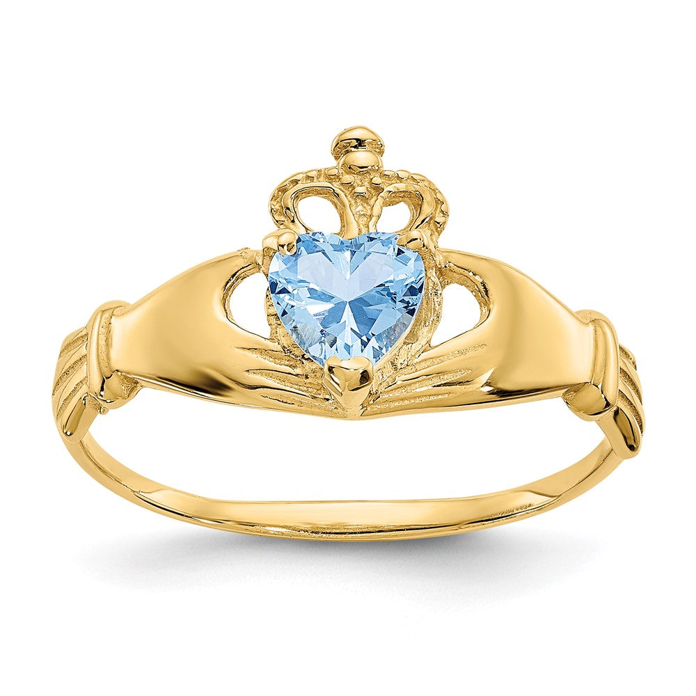 14k CZ March Birthstone Claddagh Heart Ring, Size 7