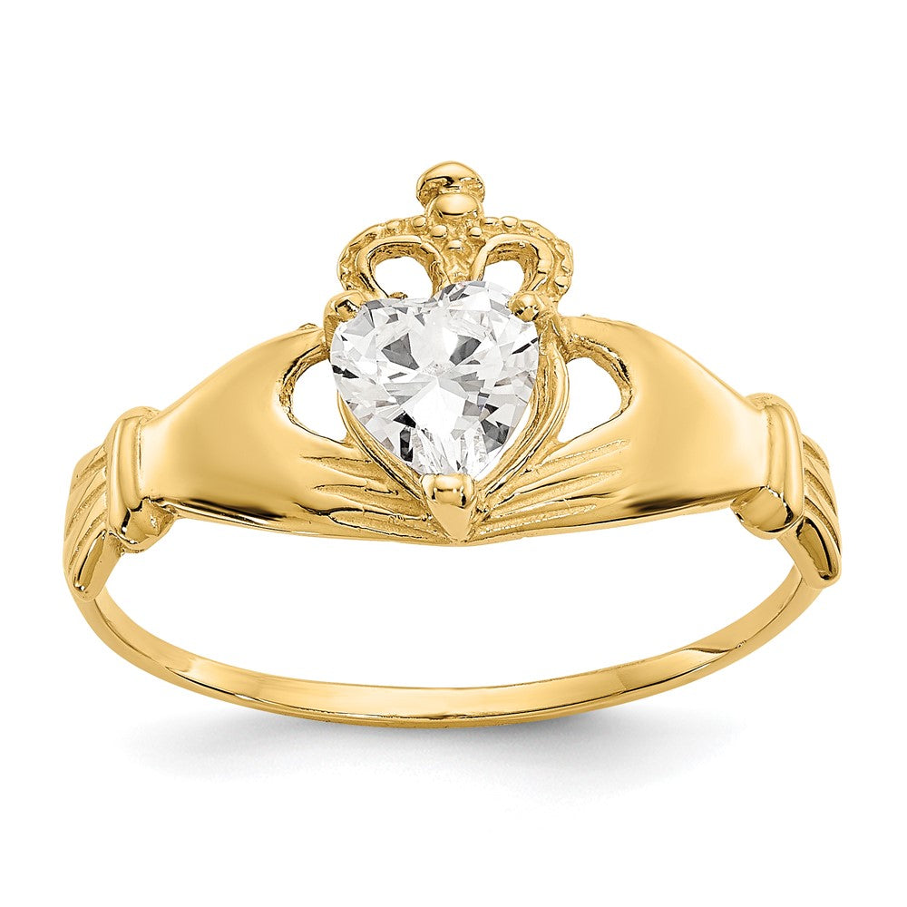 14k CZ April Birthstone Claddagh Heart Ring, Size 7