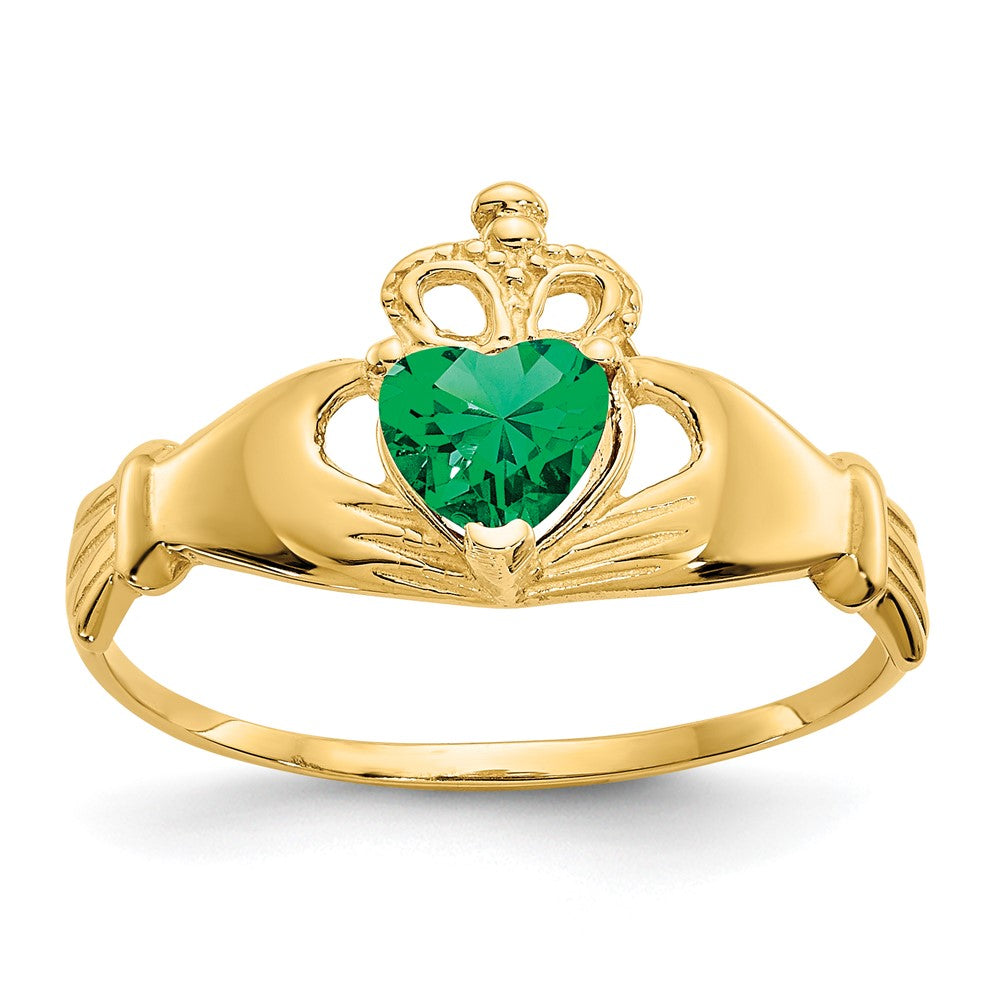 14k CZ May Birthstone Claddagh Heart Ring, Size 7