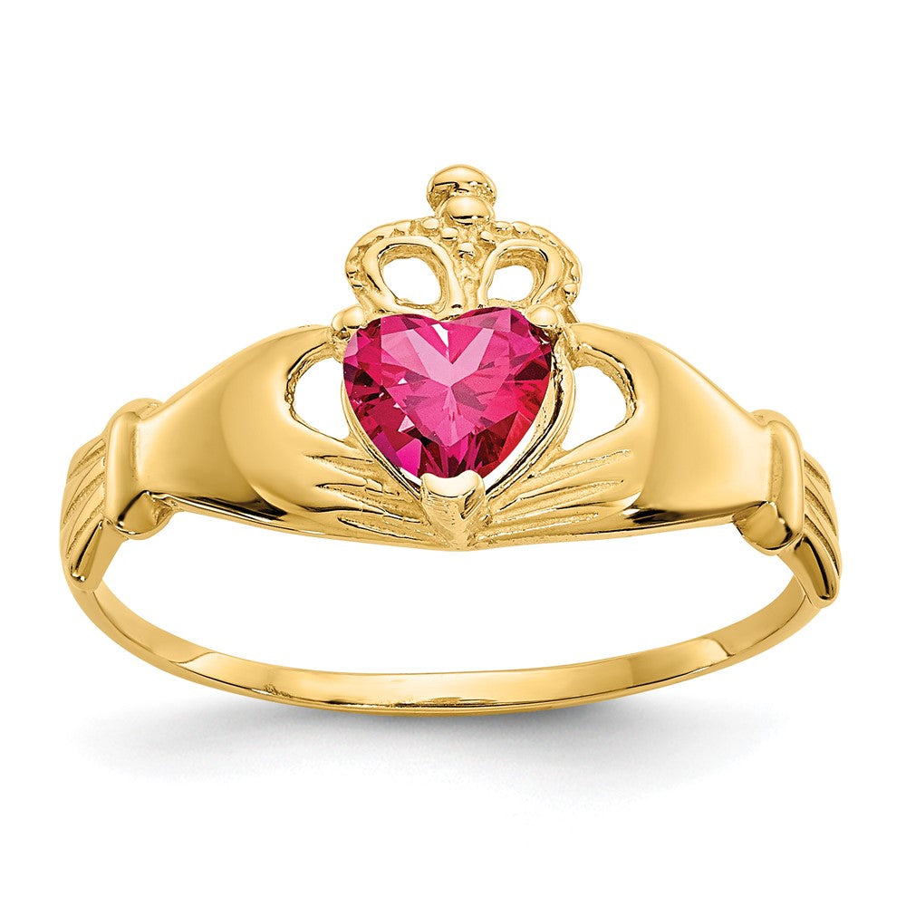 14k CZ July Birthstone Claddagh Heart Ring, Size 7