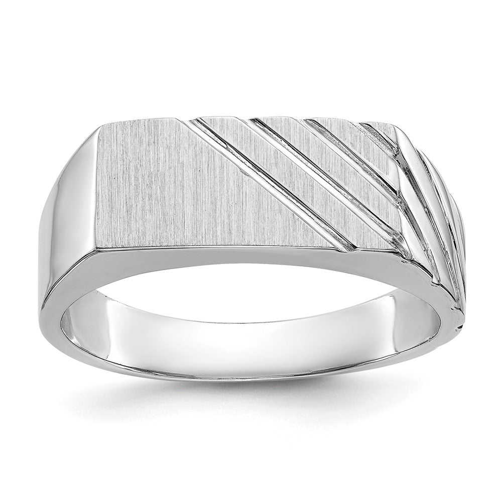 14k White Gold 16.5x7.5mm Rectangle Stripe Open Back Mens Signet Ring, Size 11