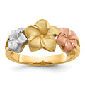 14k Tri-color Three Plumeria Flowers Ring, Size 7.5