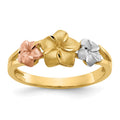 14k Tri-color Three Plumeria Flowers Ring, Size 6.75