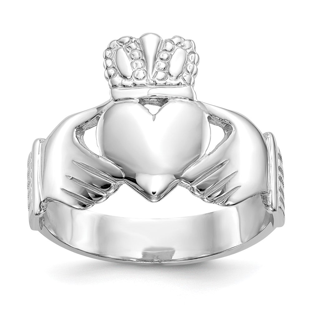 14k White Gold Mens Polished Claddagh Ring, Size 9, 4.84 g
