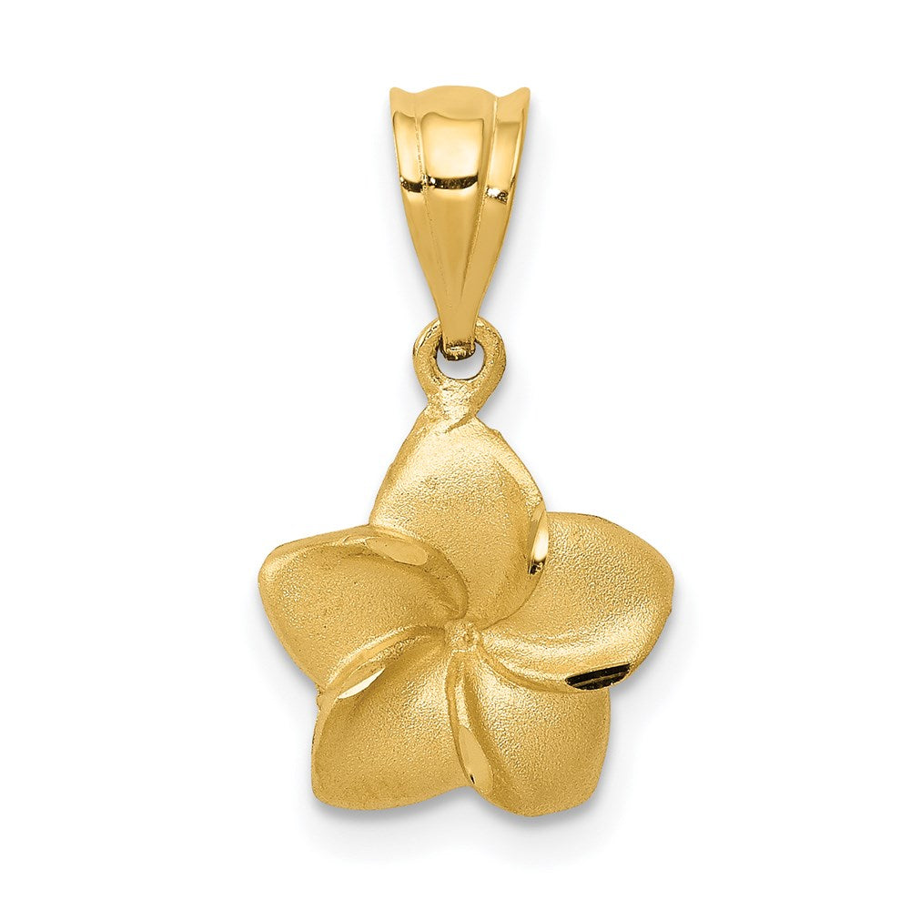 14k Satin Diamond-cut Plumeria Floral Charm Pendant, 19 x 11 mm