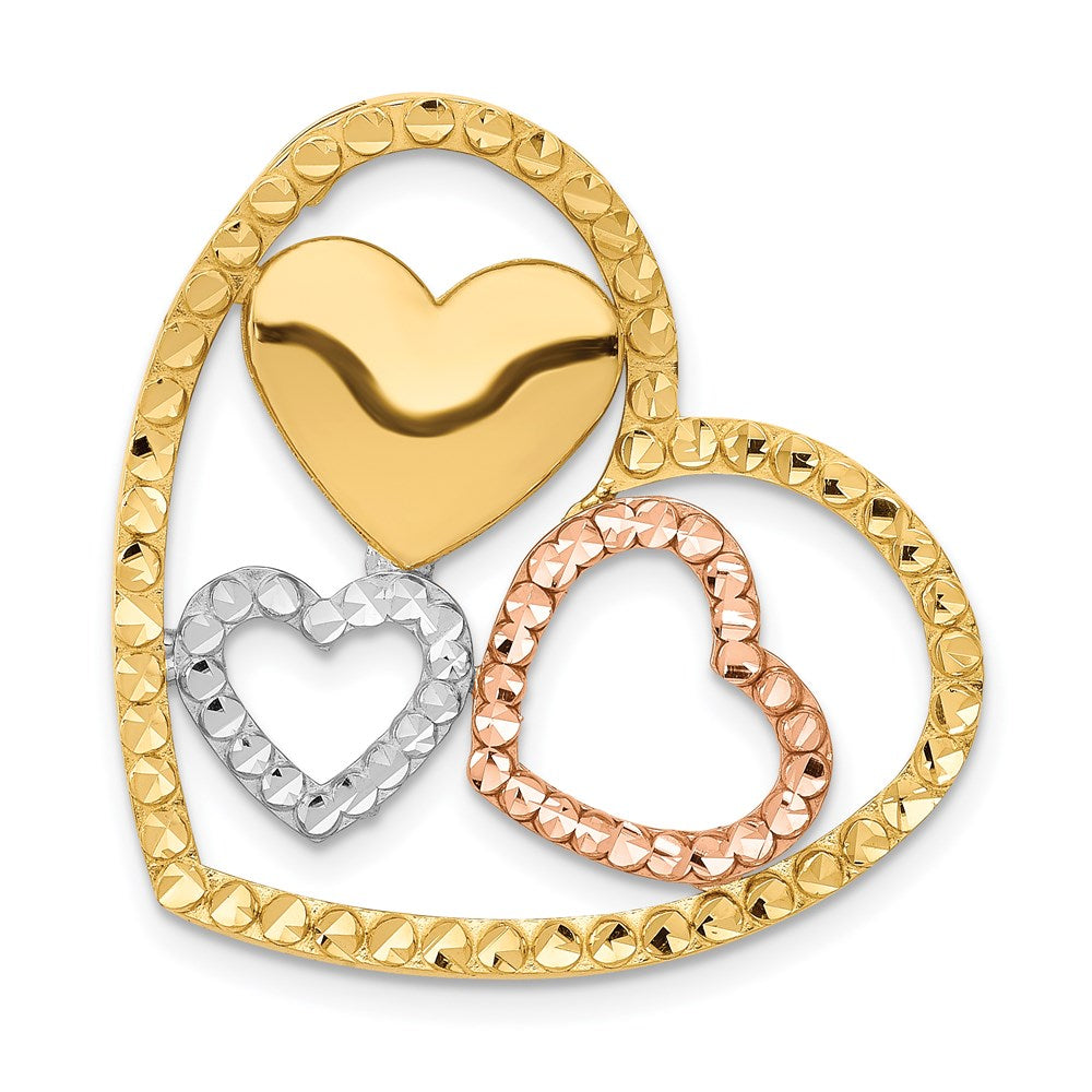 14K Yellow and Rose Gold with White Rhodium Triple Heart Chain Slide, 24 x 26 mm
