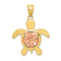 14k Two-tone Diamond-cut Rose Plumeria Turtle Pendant, 28 x 20 mm