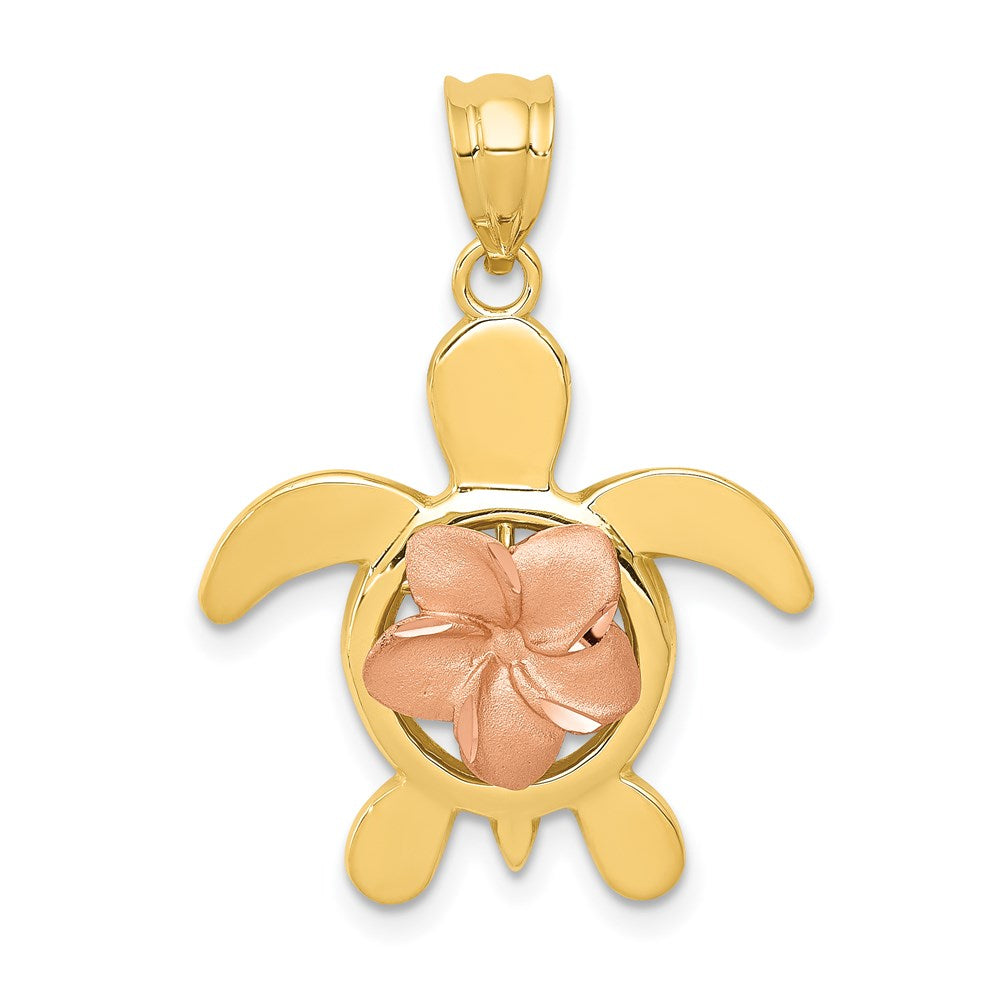 14k Two-tone Diamond-cut Rose Plumeria Turtle Pendant, 28 x 20 mm