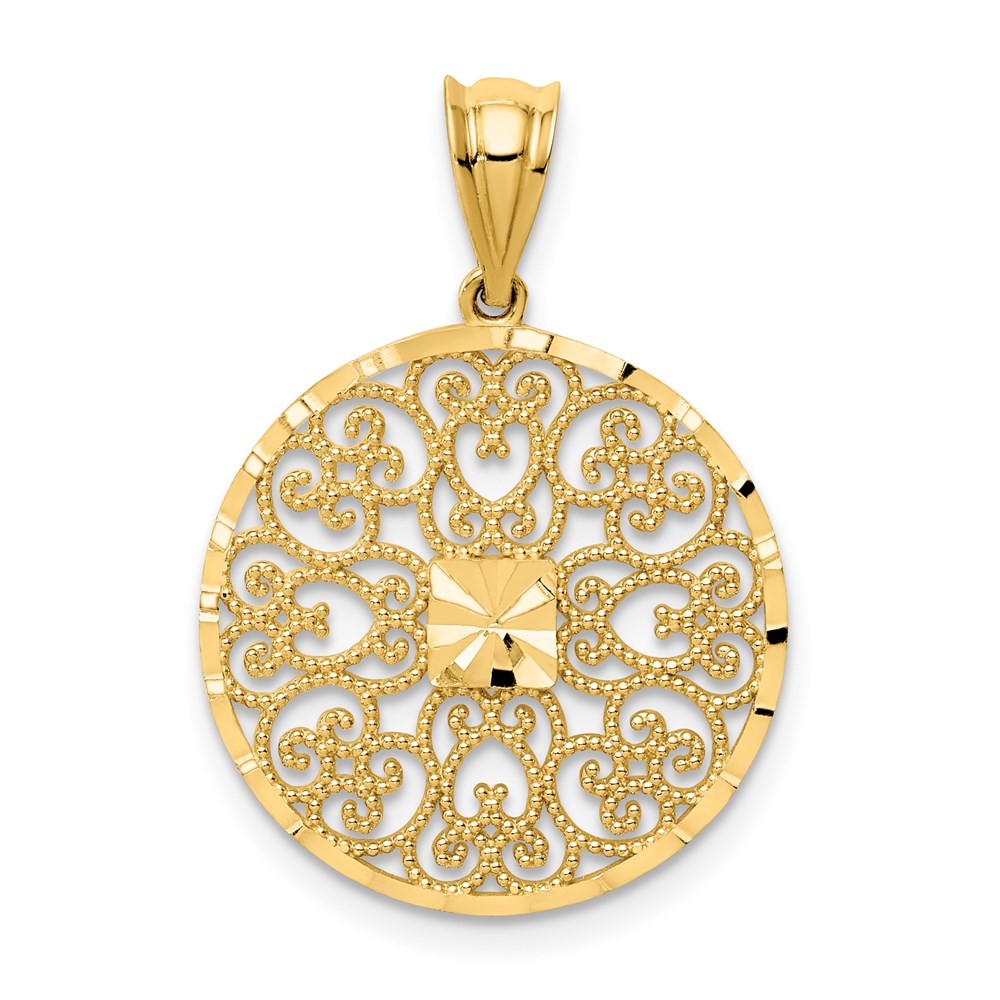 14K Fancy Filigree and Diamond Cut Charm, 26 x 18 mm