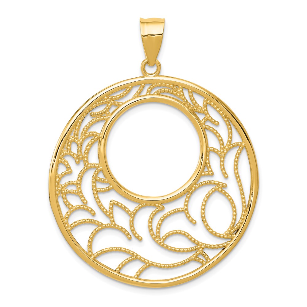 14K Wavy Floral Circle Pendant, 50 x 38 mm