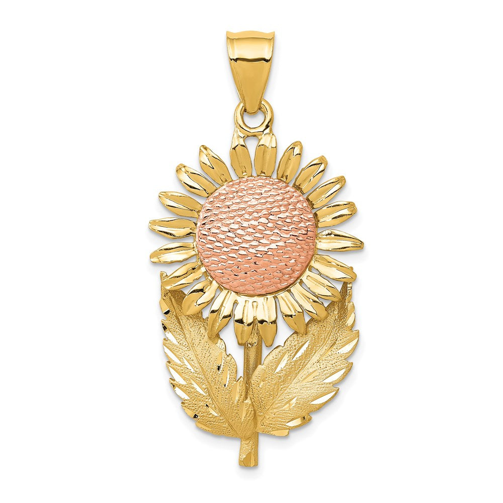 14k Two-tone Sunflower with Leaves Pendant, 44 x 21 mm