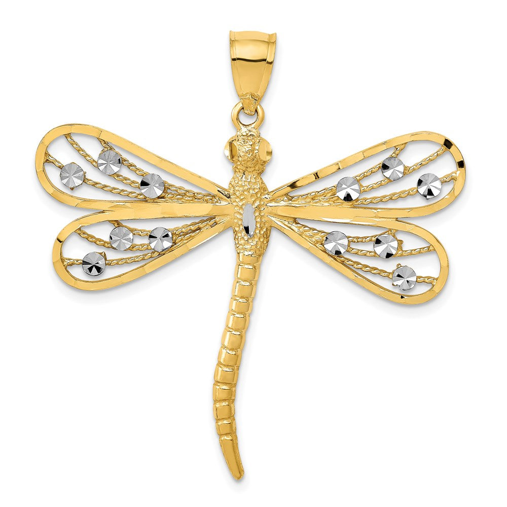 14K and White Rhodium Diamond-cut Filigree Dragonfly Pendant, 42 x 41 mm