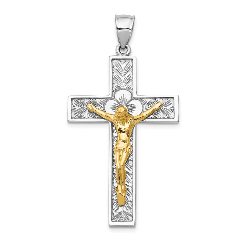 14k Two-tone Crucifix with Flower Center Pendant, 51 x 27 mm