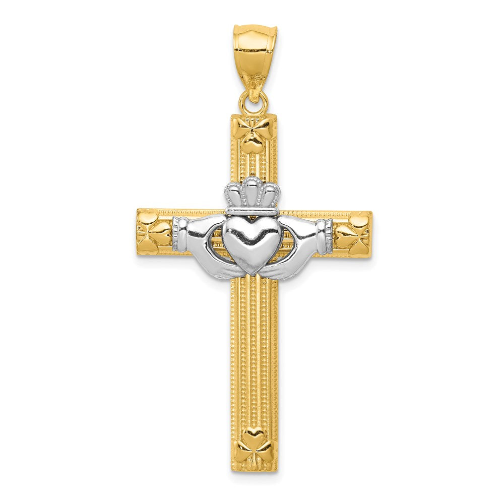 14k Two-tone Large Claddagh Cross Pendant, 47 x 25 mm