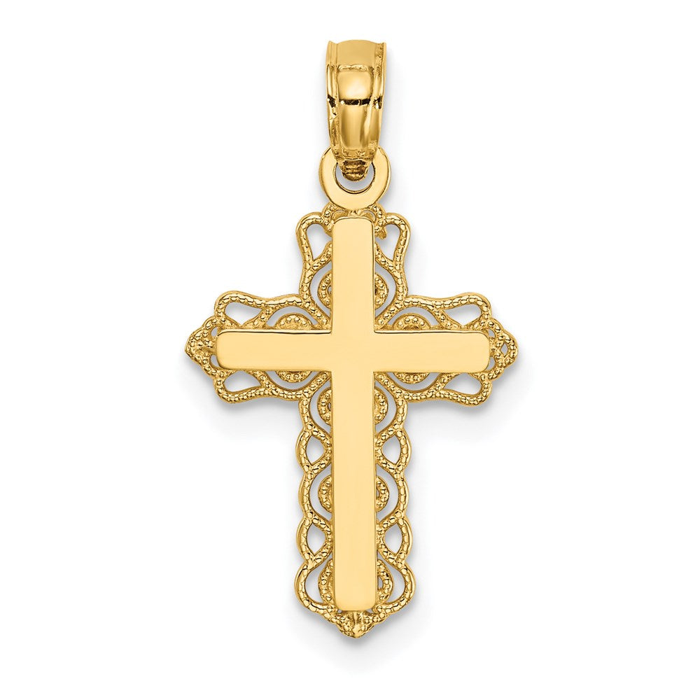14k Budded Cross with Lacey Trim Charm, 22 x 12 mm