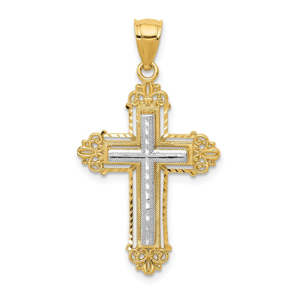 14k Two-tone Fleur De Lis Cross Pendant, 33 x 19 mm