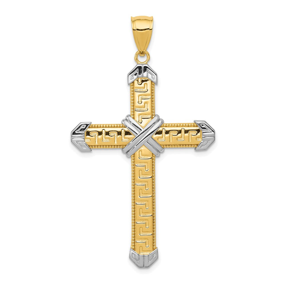 14K and White Rhodium Greek Key -X- Center Cross Pendant, 53 x 30 mm