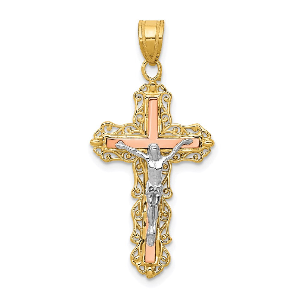 14K Tri-color Diamond-cut Filigree Crucifix Pendant, 35 x 16 mm