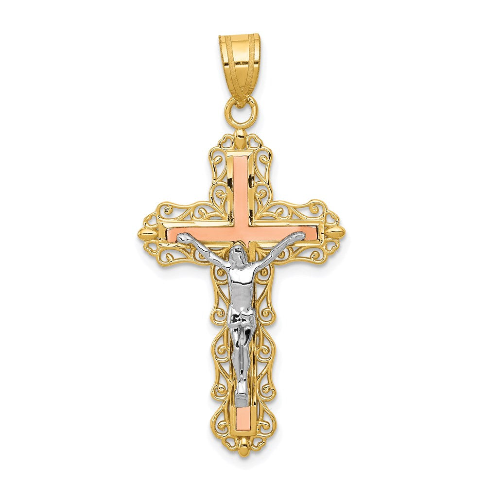 14K Tri-color Diamond-cut Filigree Crucifix Pendant, 43 x 21 mm