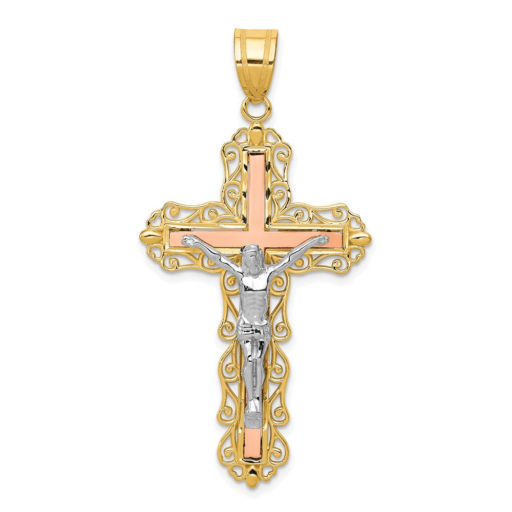14K Tri-color Diamond-cut Filigree Crucifix Pendant, 50 x 25 mm