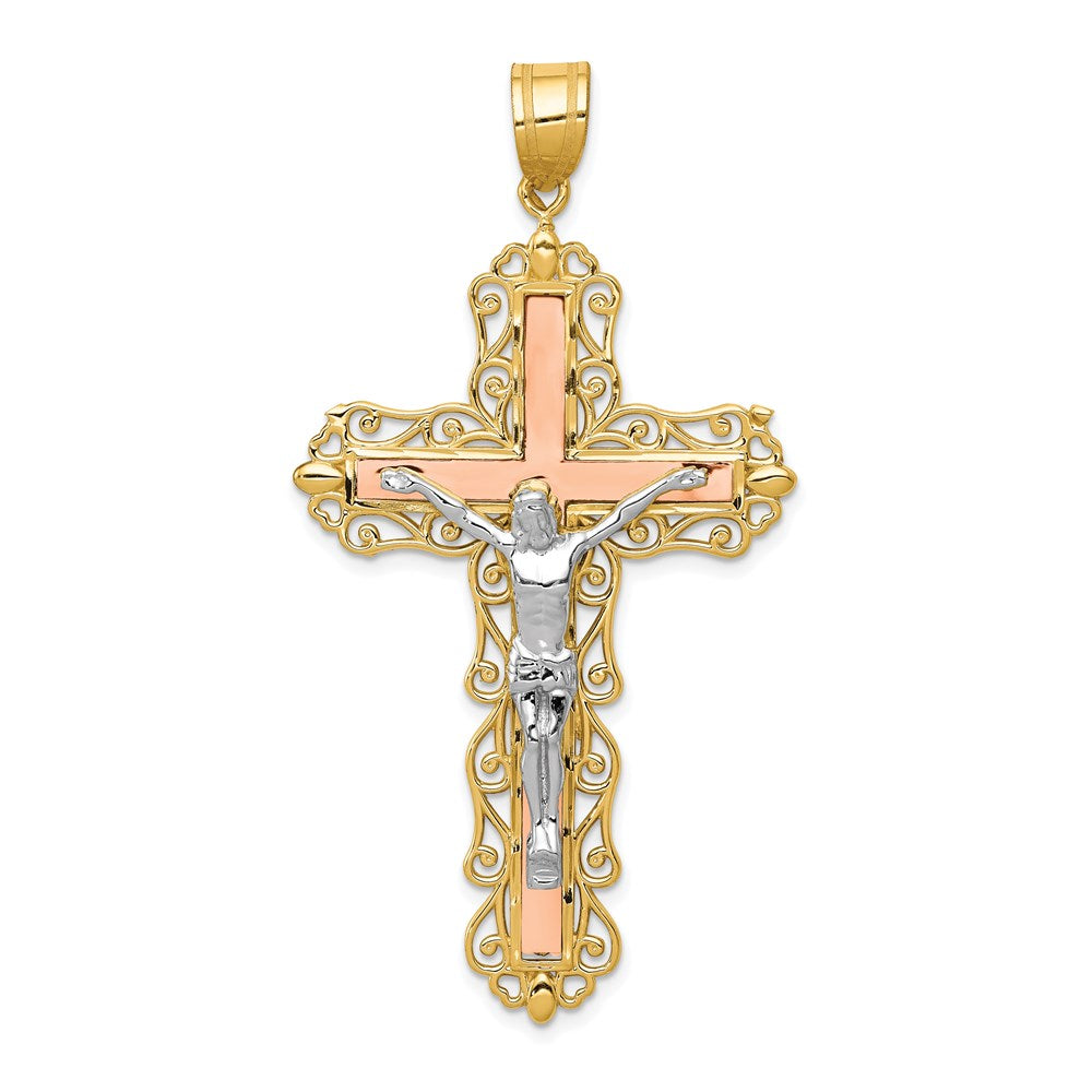 14K Tri-color Diamond-cut Filigree Crucifix Pendant, 61 x 31 mm