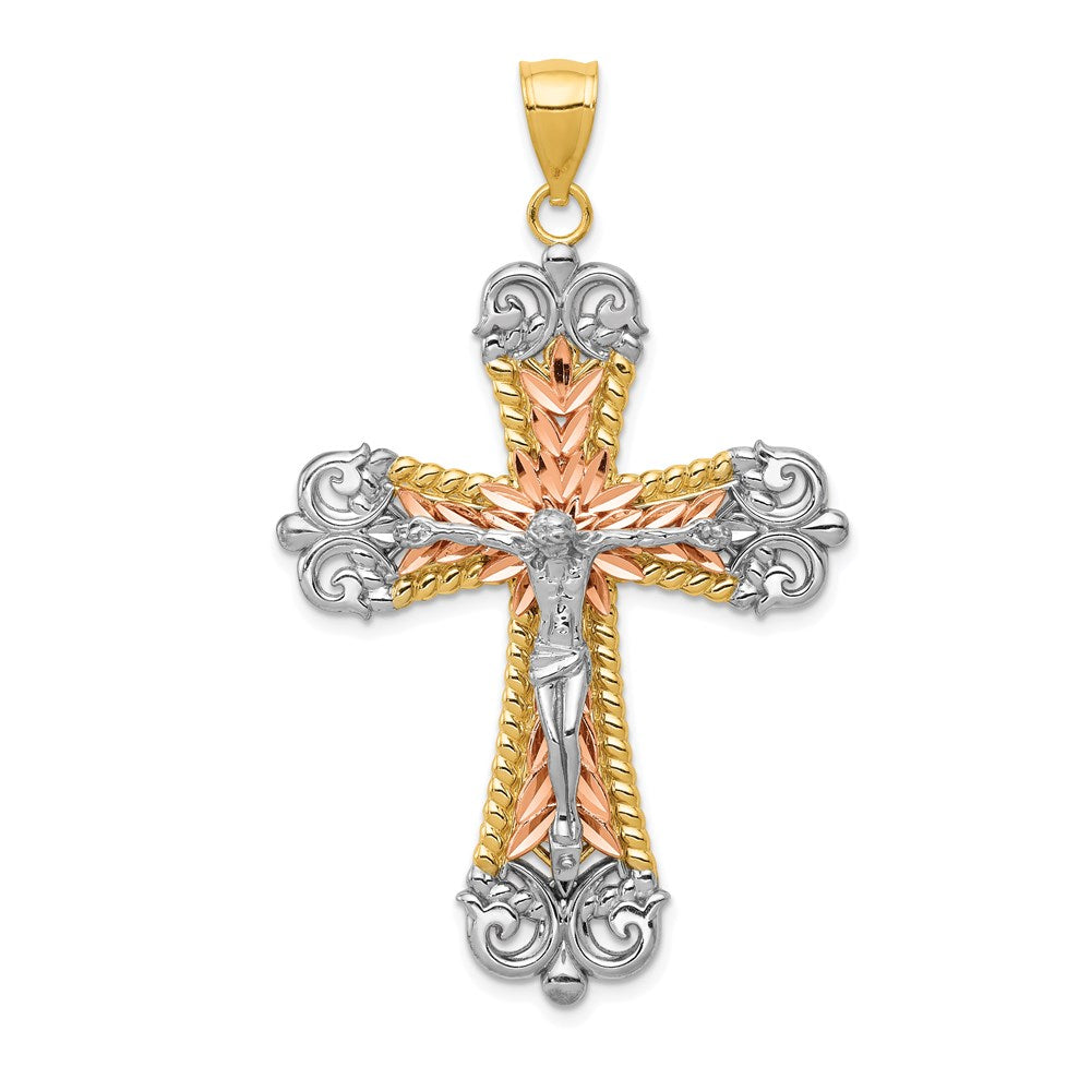 14K Tri-Color and White Rhodium Large Diamond-cut Crucifix Pendant, 55 x 34 mm