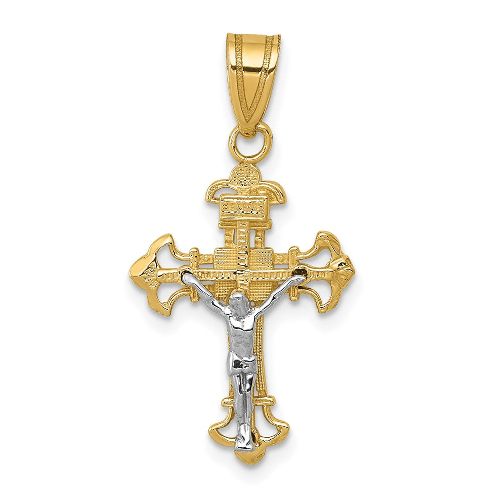 14K Two-tone INRI Fleur de Lis Crucifix Charm, 26 x 14 mm