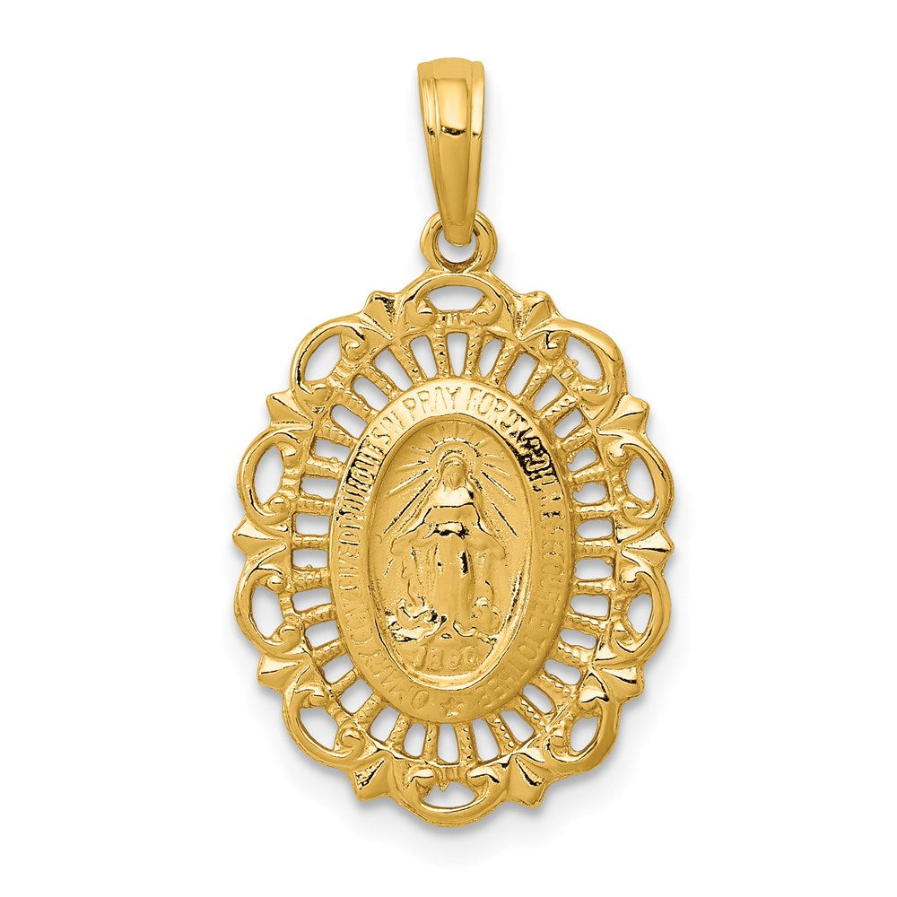 14k Polished and Satin Solid Miraculous Medal Scalloped Edge Oval Pendant, 26.2 x 15.6 mm