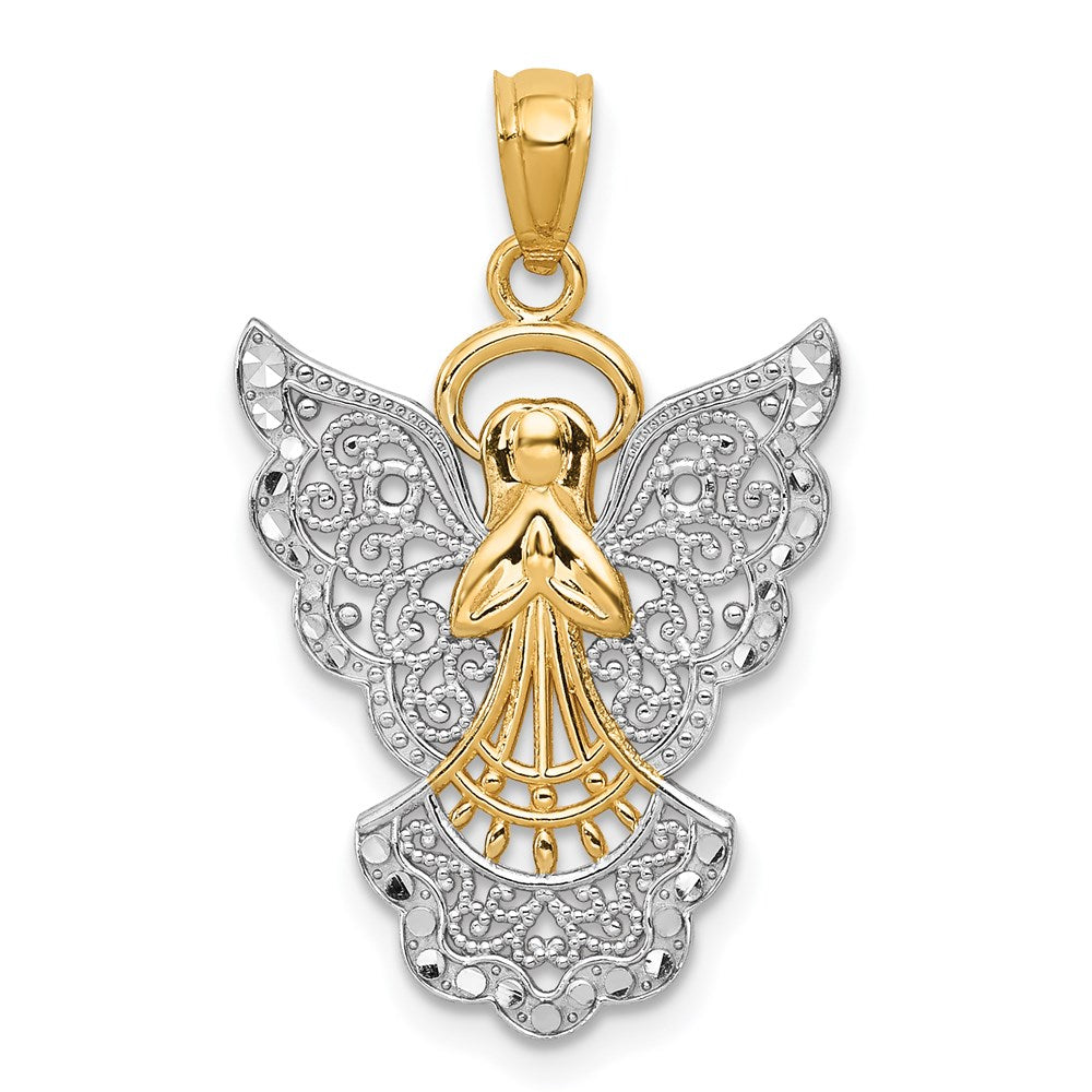 14k and White Rhodium Filigree Angel Pendant, 28 x 18 mm, 1.09 g
