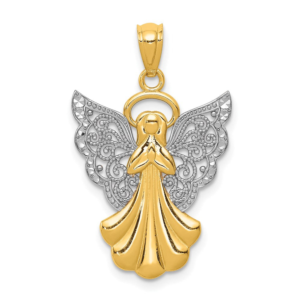 14k and White Rhodium Filigree Angel Pendant, 28 x 18 mm, 1.12 g
