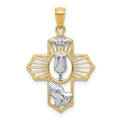 14k and White Rhodium Communion Cross with Dove and Praying Hands Pendant, 29 x 18 mm