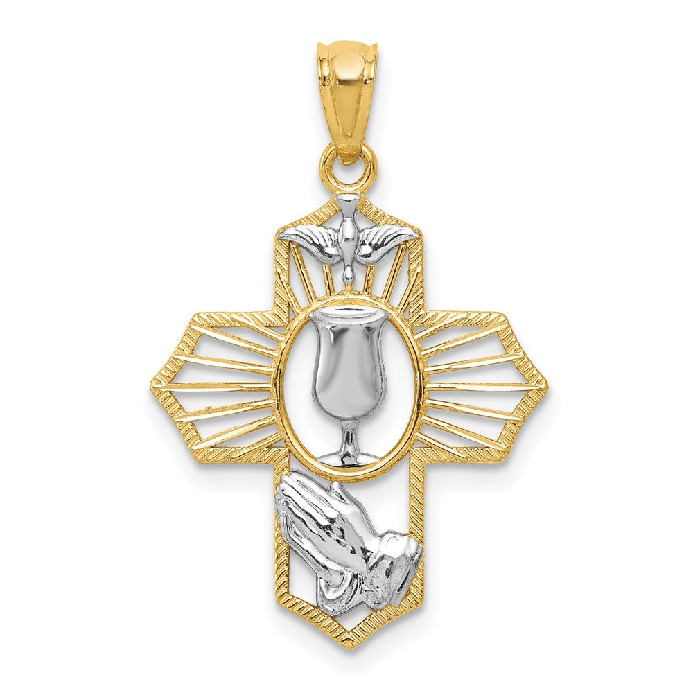 14k and White Rhodium Communion Cross with Dove and Praying Hands Pendant, 29 x 18 mm