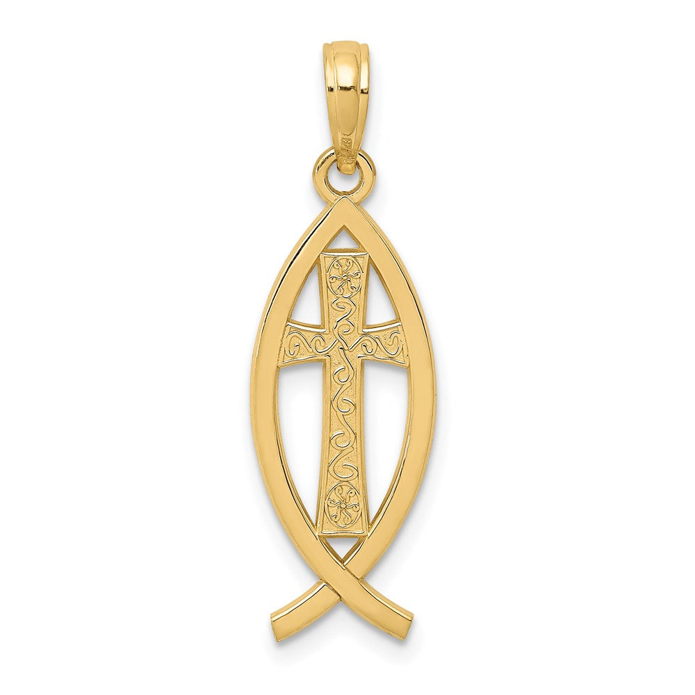 14k Cross Ichthus Fish Pendant, 29 x 9 mm